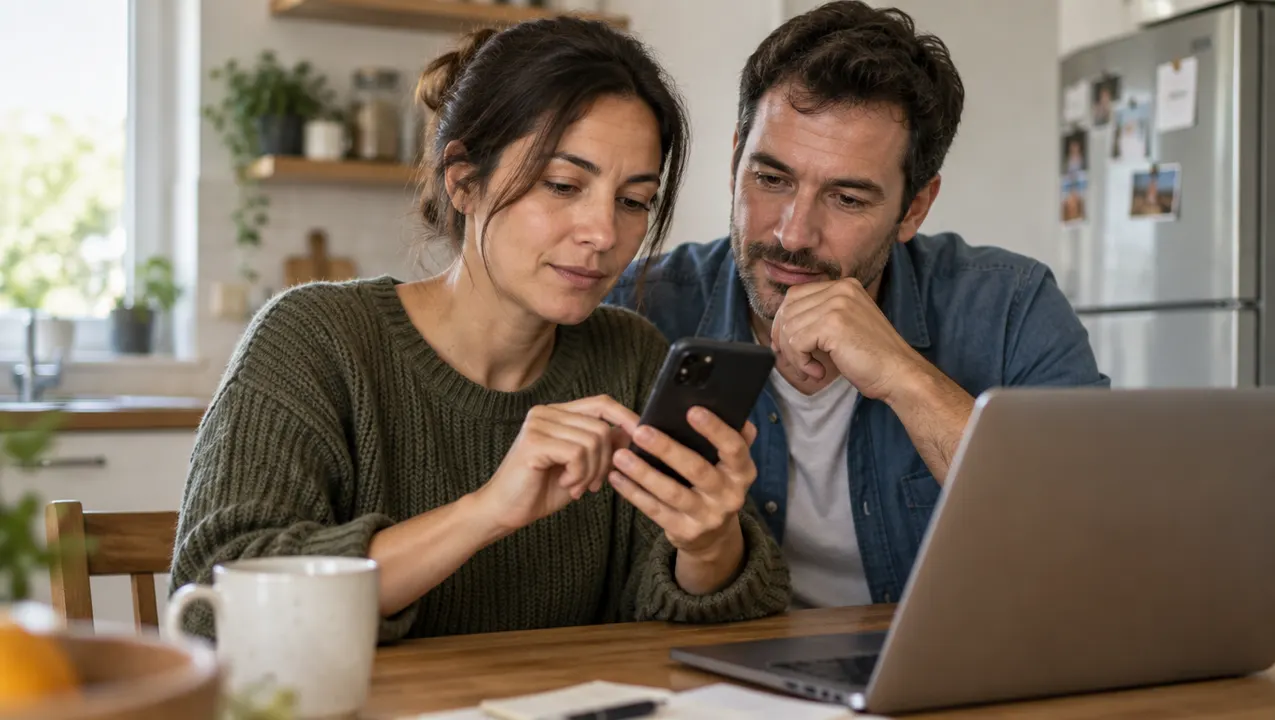 Couple consultant une carte devant un ordinateur.
