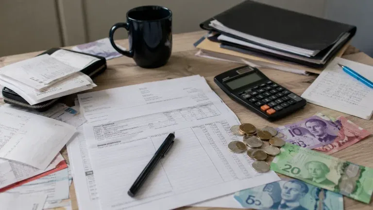 Factures, calculatrice et billets de banque.