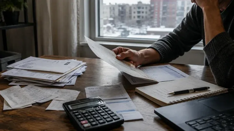 Documents financiers et calculatrice sur un bureau.