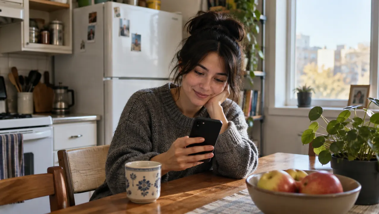 Personne consultant son téléphone après un virement Interac dans sa cuisine